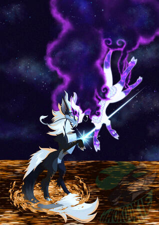 Two kirins uniting, one delivering a shooting star to their beloved, while their beloved stands on a surface of liquid gold